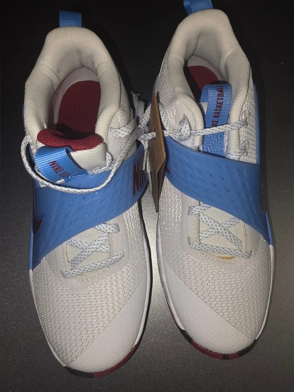 Brand New Size 5.5Y Nike Kids White Sneakers with Blue Strap and Maroon Swoosh